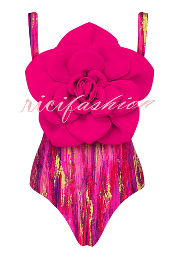 Fashionable Contrast Color Large Flower Stretch One-piece Swimsuit