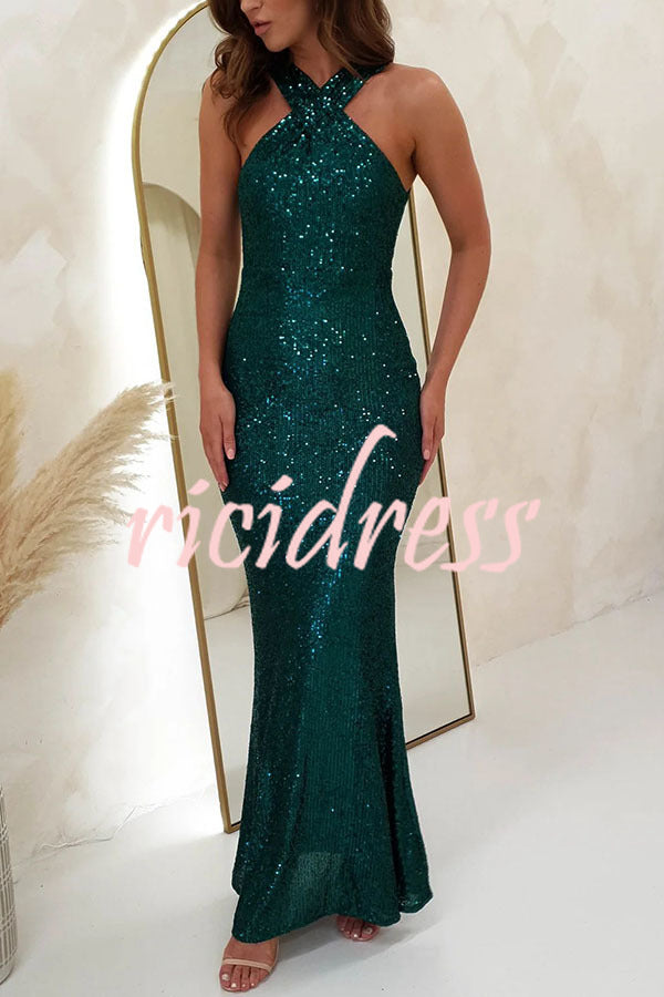 Time To Sparkle Sequin Cross Halter Neck Backless Maxi Dress