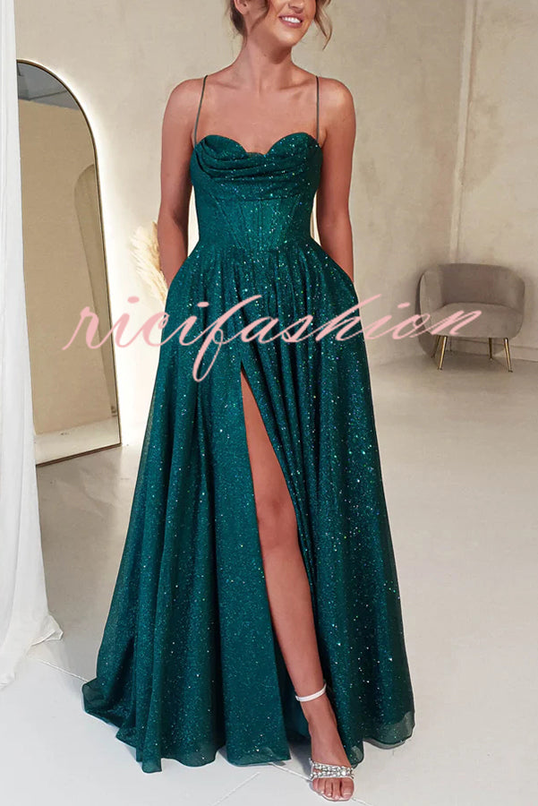 Cinderella Glitter Tulle Fabric Cowl Neck Back Lace-up Pocketed Slit Maxi Dress