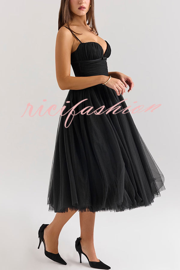 Royal Treatment Tulle Bows Detail Ruched Slip Midi Dress