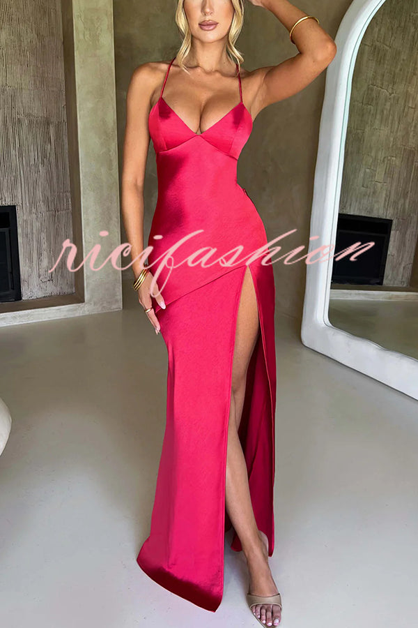 Satin Solid Color Sexy Backless Lace Up High Slit Maxi Dress