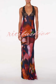 Rosalinda Abstract Floral Print Lace Patchwork Back Lace-up Maxi Dress