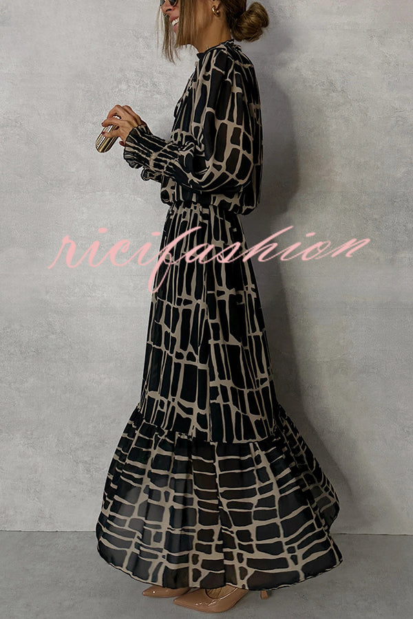 Unique Printed V-neck Tie-up Waist Long-sleeve Maxi Dress