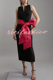 Clean Tailored Taffeta Contrast Oversized Bow Tie Waist Midi Dress