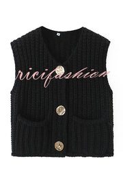 Solid Color Sleeveless Pocket Knitted Vest