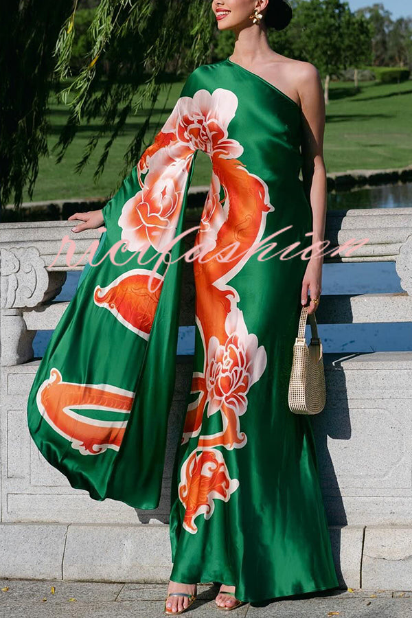 Elegance and Grace Satin Dragon Print One Shoulder Drape Sleeve Maxi Dress