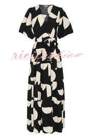 Unique Printed V-neck Puff Sleeves Tie Waist Midi Dress