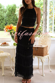 Feel Chic and Romantic Sequin Textured Material Back Elastic Halter Tie Tank