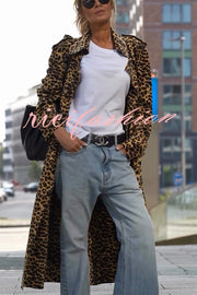 Be Free Velvet Leopard Print Long Sleeve Loose Midi Trench Coat