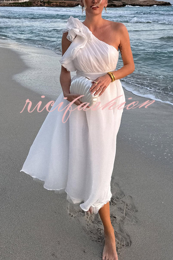 Romantic Seaside One Shoulder Frill Detail Sleeve Layered Midi Dress