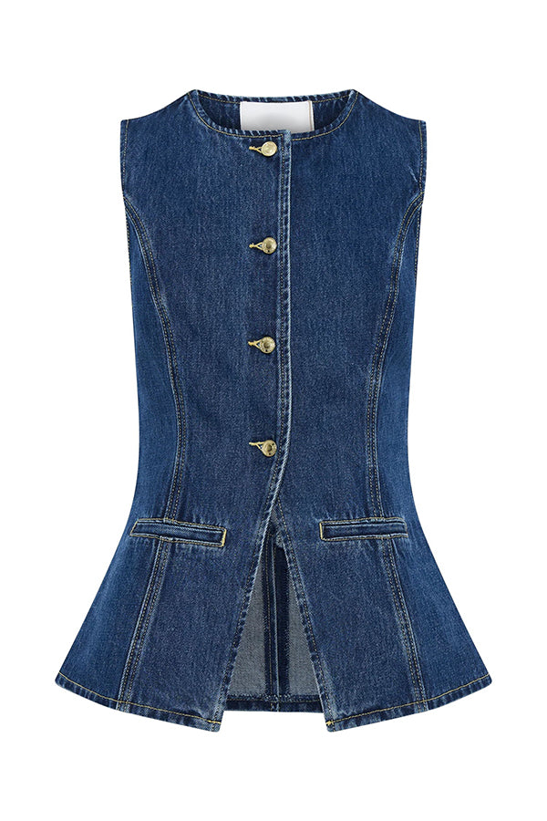 Abel Denim Button Up Princess Seams Pocket Vest Top