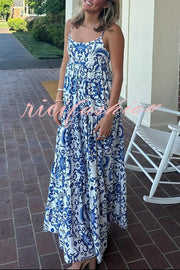 Botanical Floral Print Sexy Sling Backless Maxi Dress