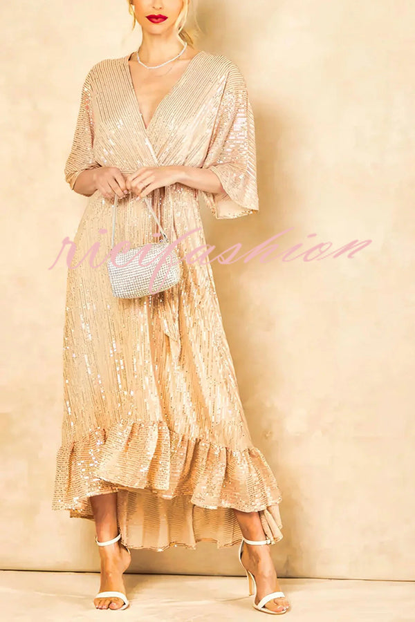 Solid Color Sequined V-neck Waist Tie Loose Maxi Dress