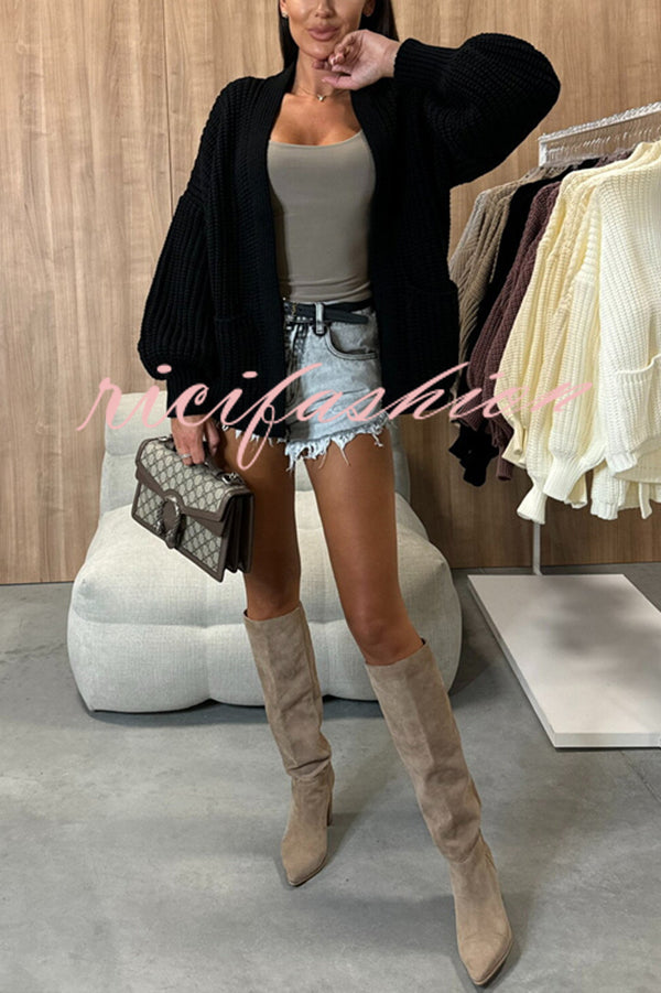 Solid Color V-neck Long-sleeved Casual Knitted Cardigan