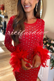 Sexy Long Sleeve Round Neck Feather Edge Rhinestone Decoration Slim Fit Maxi Dress