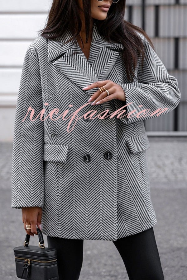 Fashion Stripe Print Lapel Pocket Coat