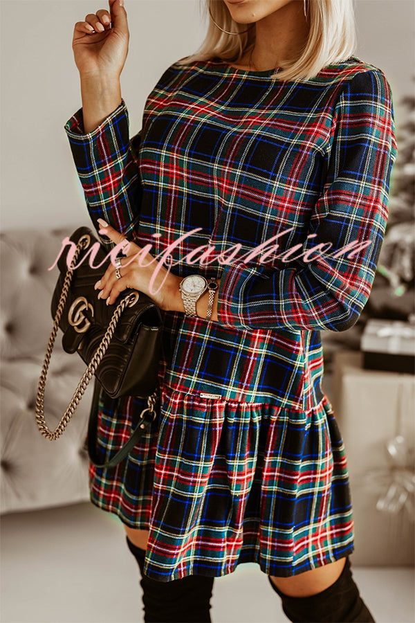 Fashionable Plaid Print Long Sleeve Round Neck Slim Fit Mini Dress