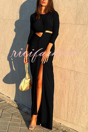 Solid Color Round Neck Long Sleeve Sexy Exposed Waist Slit Maxi Dress