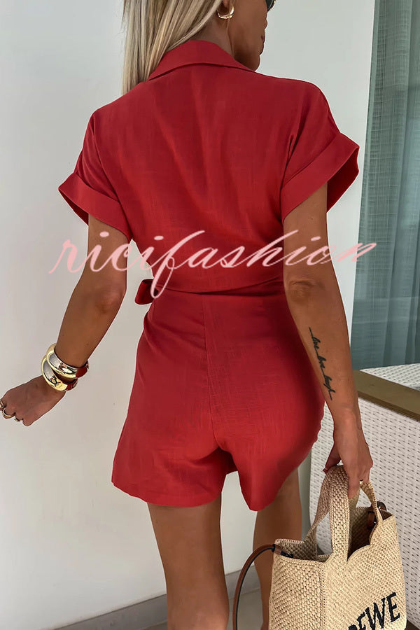 Relaxing Beach Linen Blend Solid Color Wrap Loose Shirt Romper