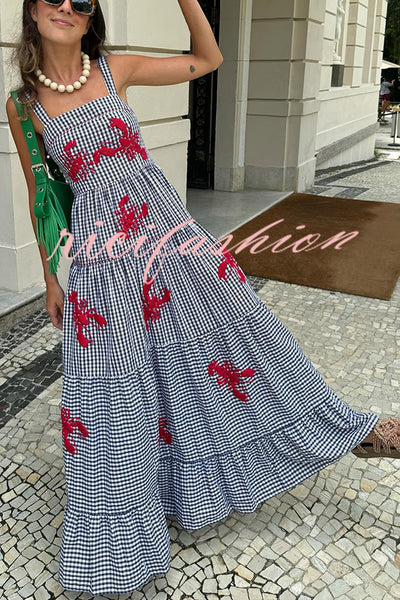 Funny Summer Plaid Lobster Print Square Neck Layered Maxi Dress