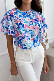 Floral Print Ruffle Sleeve Crew Neck Short Sleeve Top