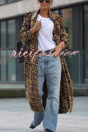 Be Free Velvet Leopard Print Long Sleeve Loose Midi Trench Coat