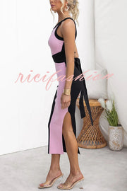 Serene Ribbed Knit Colorblock Back Tie-up Slit Stretch Midi Dress