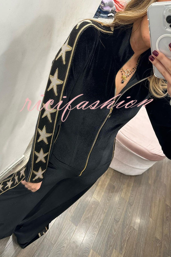 Star-print Velvet Patchwork Zipped Wide-leg Jumpsuit