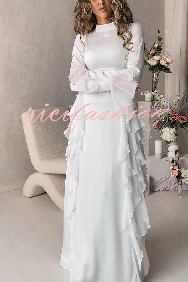 Cline Solid Color High Neck Long Sleeve Elegant Ruffles Maxi Dress