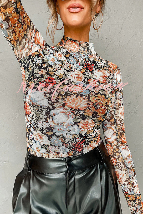 Floral Print Turtleneck Long Sleeve Stretch Bottoming Shirt