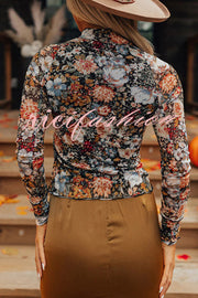 Floral Print Turtleneck Long Sleeve Stretch Bottoming Shirt