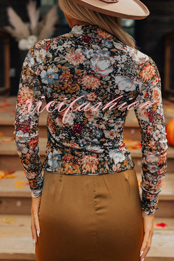 Floral Print Turtleneck Long Sleeve Stretch Bottoming Shirt