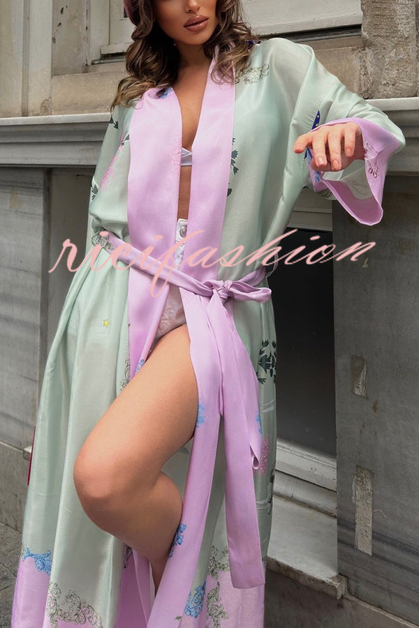 Karty Satin Unique Print Long Sleeve Belt Lapel Kimono Cover-ups