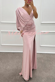 Like Venus One Shoulder Bat Sleeve Ruched Detail Slit Gown Maxi Dress