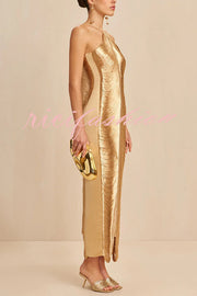 Sexy Allnight Metallic Halterneck Backless Fringed Slit Maxi Dress