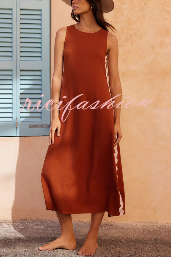 Vacation Villa Side Ric Rac Wave Trim Slit Loose Maxi Dress