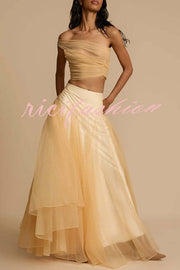 Romance Factor Semi-sheer Tulle One Shoulder Ruched Crop Top