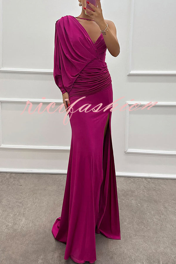 Like Venus One Shoulder Bat Sleeve Ruched Detail Slit Gown Maxi Dress