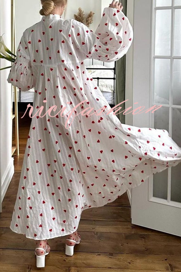 Cute Heart Print Puff Sleeve Loose Shirt Style Maxi Dress