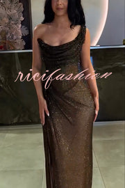 Glitzy Gala Glitter Fabric One Shoulder Ruched Slit Maxi Dress