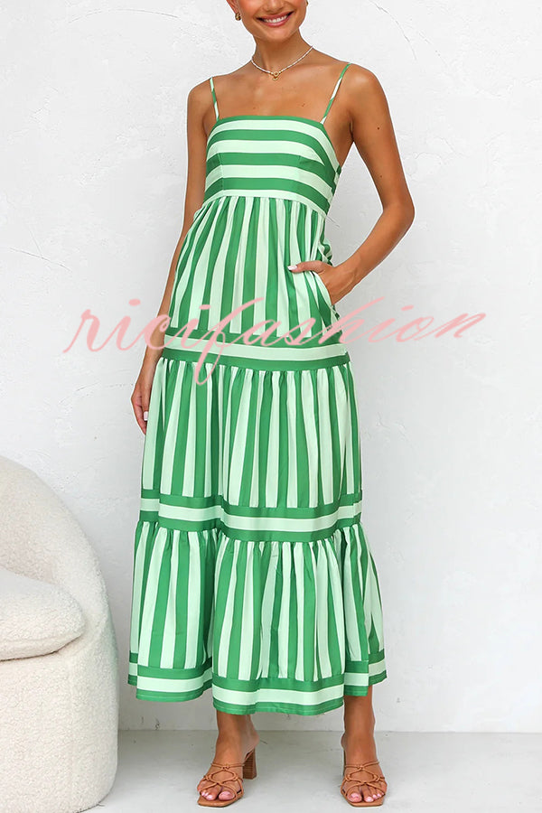 Beachy Dreams Striped Print Back Smocked Pocket A-line Slip Midi Dress