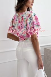 Floral Print Ruffle Sleeve Crew Neck Short Sleeve Top