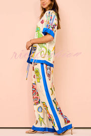 Vibrant Beach Satin Unique Print Colorblock Trim Elastic Waist Pocketed Wide Leg Pants