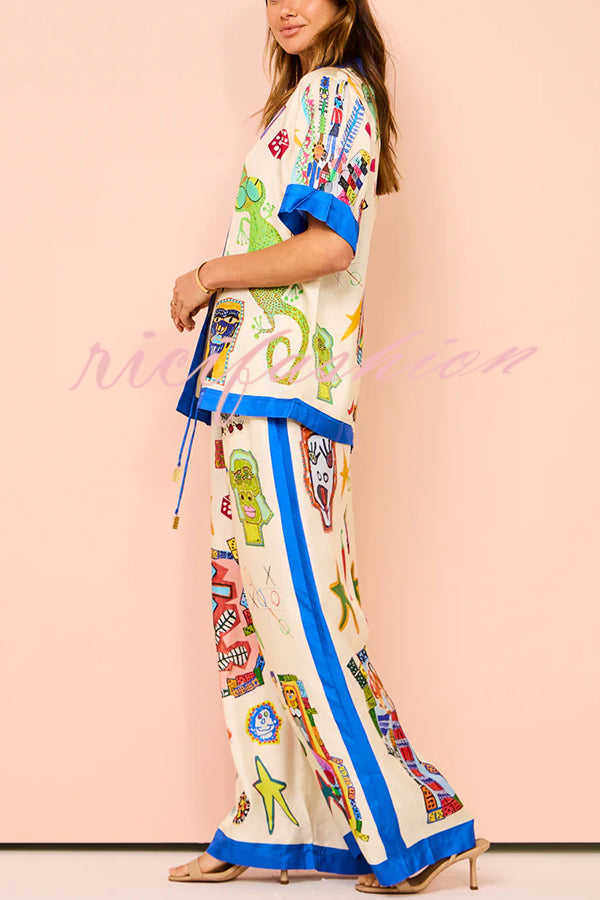 Vibrant Beach Satin Unique Print Colorblock Trim Elastic Waist Pocketed Wide Leg Pants