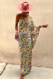 Indio Watercolor Print One Shoulder Drape Sleeve Maxi Dress