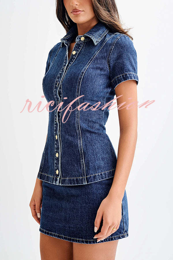 Modern Flavor Denim Short Sleeve Button Up Princess Seams Stretch Top