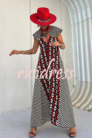 Fresh Breeze Ethnic Unique Print Ruffle Sleeve A-line Maxi Dress