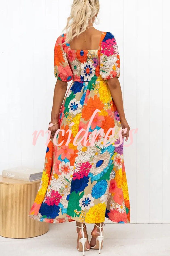 Floral Frenzy Printed Puff Sleeve Back Smocked Maxi Dress