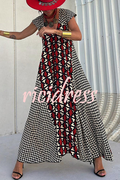 Fresh Breeze Ethnic Unique Print Ruffle Sleeve A-line Maxi Dress