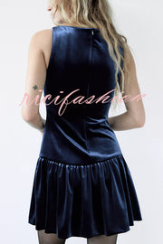 Solid Velvet Bow Embellished Sleeveless Mini Dress